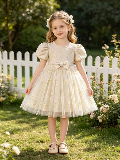 Girls' Summer Fashion High-End Jacquard Fabric Sequin Mesh Tulle Dress, Round Neck Puff Sleeve Sweet Cute Princess Dress