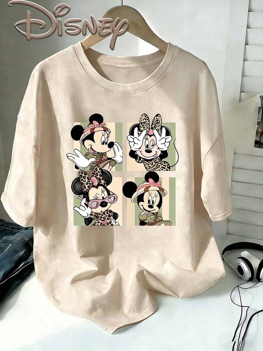 Disney Minnie Mouse Adventure Wind Leopard Print Wind Four Squares Cute Expression Creative Printing Design Sense Oversized Fashion Old T-Shirt 2026 Spring And Summer Round Neck T-Shirt Style Retro Fashion Lovers Popular Style Old Round Neck T-Shirt. - 杏色 - 查看 1