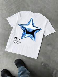 Men's T-Shirt With Star Print, Urban Style, Y2K, Short-Sleeved T-Shirt In Pure Cotton, Modern And Versatile. - White - View 2
