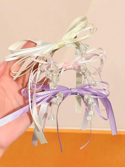 3/1 Set Lily Of The Valley Bow Hair Clips, Pink Ribbon Side Clips, Fairy-Like Atmosphere Hair Accessories, Suitable For Women And Girls, Suitable For Daily, Dates, School, Parties, Holidays, Mother's Day Gifts