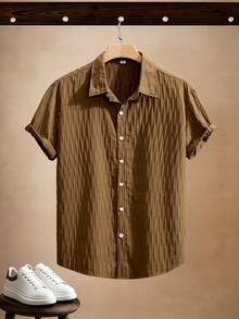 Camisa de manga corta casual y elegante con textura de jacquard para hombres - Marrón - Ver 1