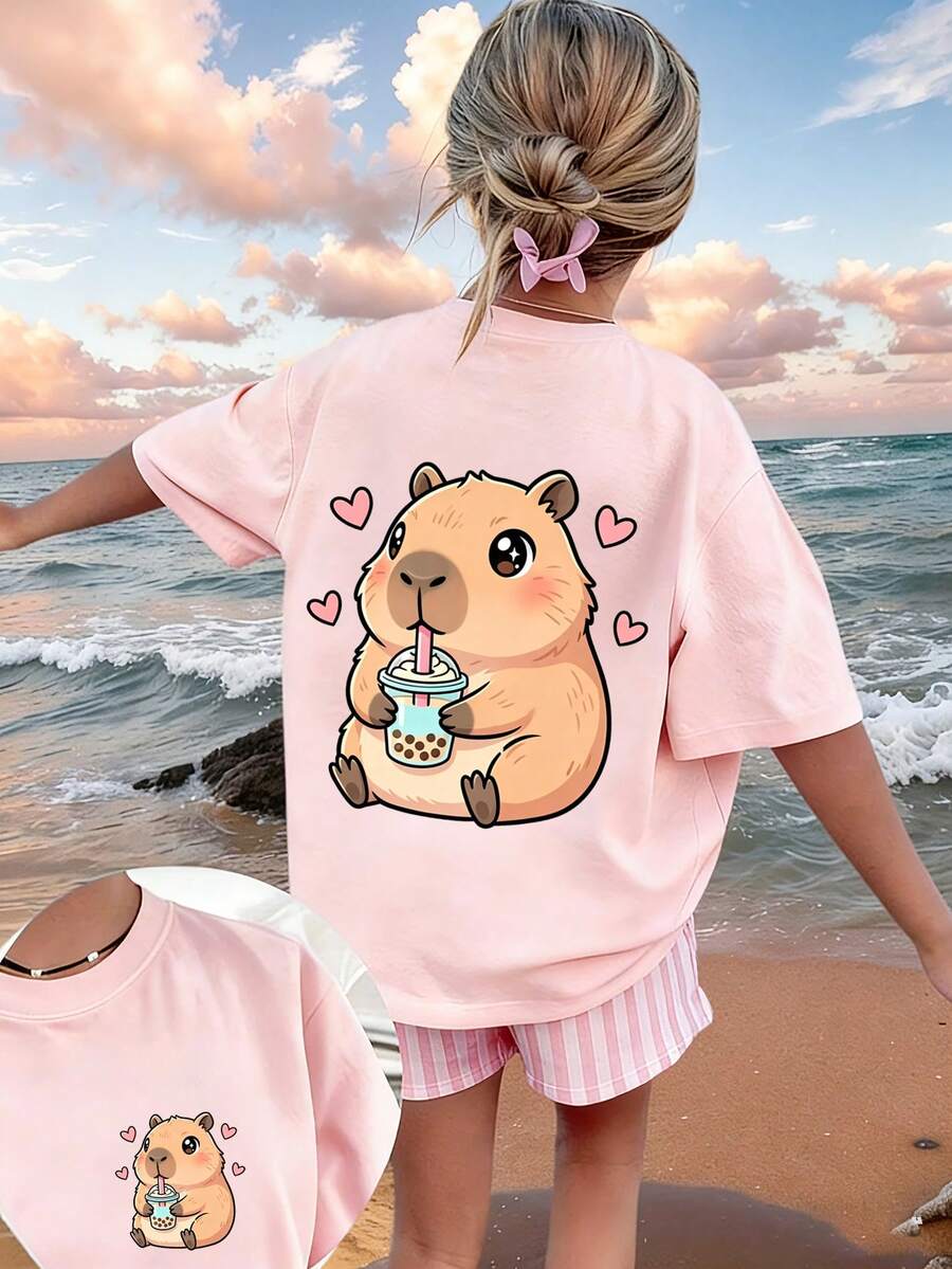 Tween Girls' Casual Funny Print Crew Neck Short Sleeve T-Shirt, Summer Top - Pink - View 1