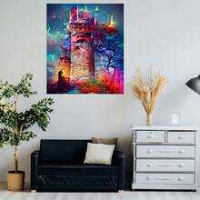 Kit de pintura de diamantes DIY para manualidades en casa: Paisaje de castillo de fantasía con cielo estrellado morado oscuro-rosa-naranja y arbustos rojos fuego, lienzo de bordado con diamantes de cristal redondos completos, decoración de pared artística mágica, regalo creativo - Enmarcado - Ver 5