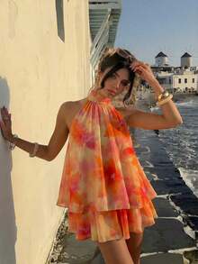 Vestido mini elegante de mujer con cuello halter y lazo en color amarillo claro - Multicolor 6 - Ver 8