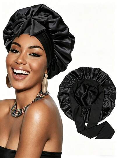 1/2/3pcs Silk Sleep Cap, Satin Hair Cap, Soft Elastic Silk Sleep Cap, Curly Hair Silk Hair Cover (Black & Gold)