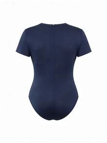 Maternity Bodysuit Solid Color Round Neck, Minimalist Versatile Slim Fit Summer - Navy Blue - View 9