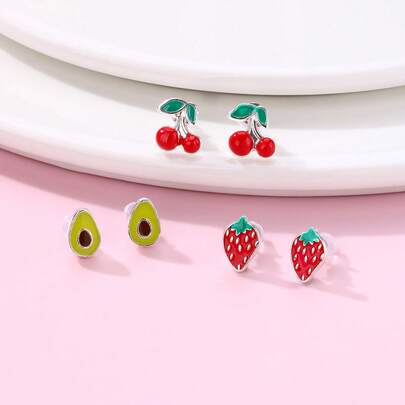 3 Pairs/Set Kids Cute Cartoon Strawberry, Cherry, Avocado Fruit Stud Earrings, Suitable For Daily Wear, Gifts, Holidays
