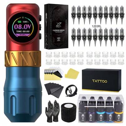 1 Set New Stylish Wireless Tattoo Machine Pen Kit, Direct Drive System Custom Motor Tattoo Pen, 3.5mm Stroke, Includes 20pcs Tattoo Needles, 10 Colors Ink, Suitable For Tattoo Art