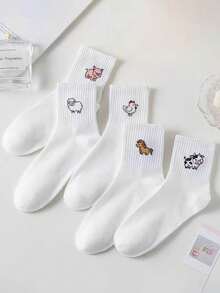 5 Pairs Unisex Cartoon Animal Print Mid-Calf Socks, Fashionable Casual Couple Socks, Versatile For All Seasons - Multicolor - View 4