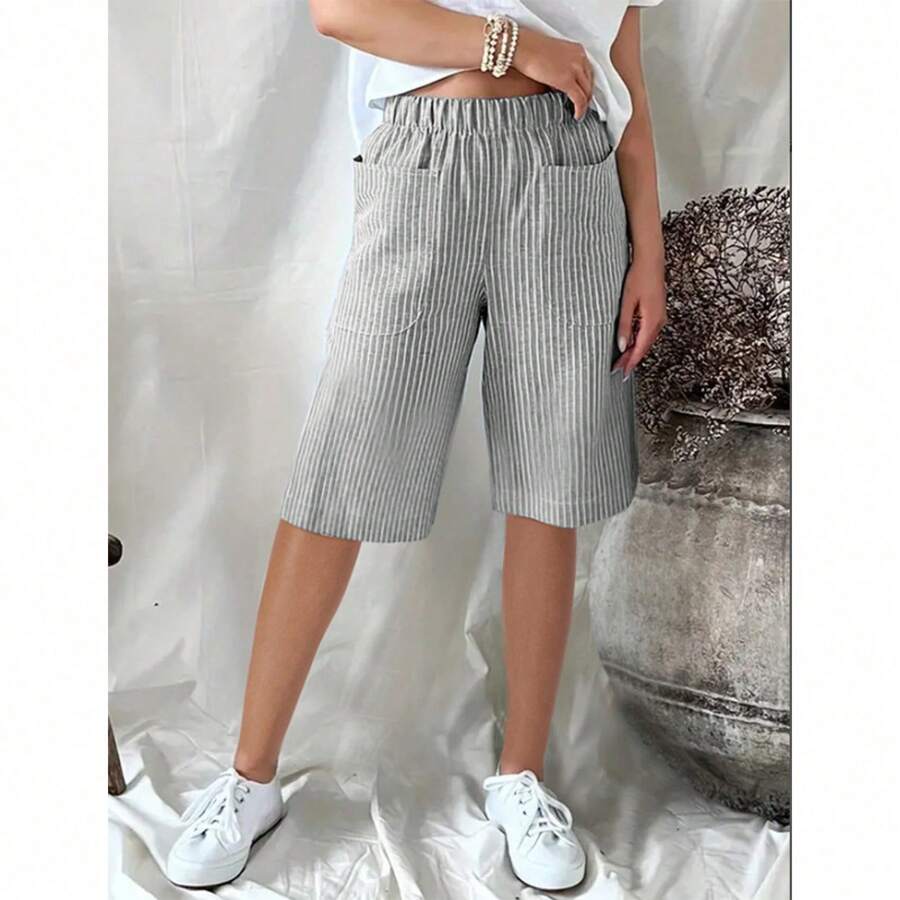 Women's Casual Shorts, Retro Summer Style, Jacquard Woven, Striped And Patchwork - Light Grey - View 1