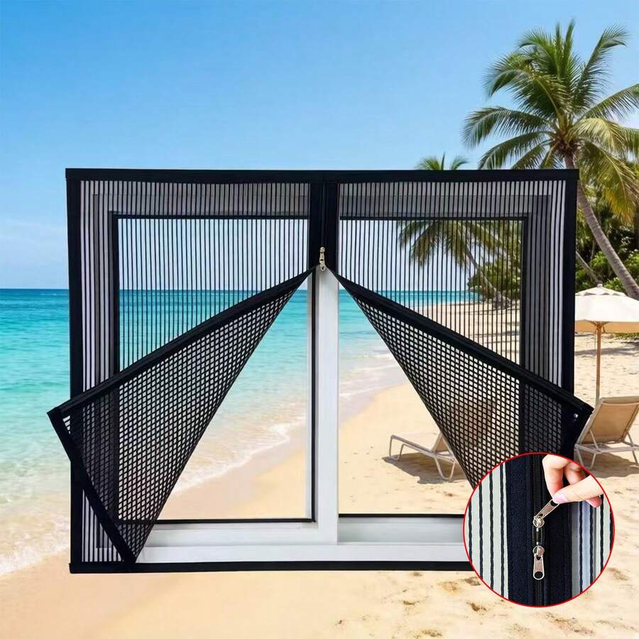 1pc Black Invisible Magnetic Mesh Screen, Self-Adhesive No Drill Anti-Mosquito Window Net, Hook And Loop Home Use Curtain