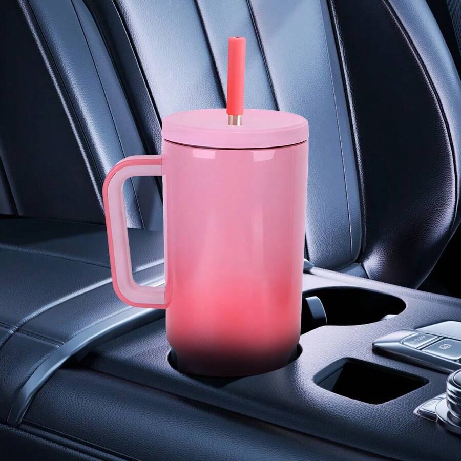 Drinking Bottle, Water Bottle, Coffee Mug, Travel Mug, Drinking Bottle With Straw, Made Of Stainless Steel, Bottle, Drinking Cup, Cup, Ice Cold, Take The Handle And The Straw, Double Feedback Effect, The Selection Is Colored - Rose Red - View 1