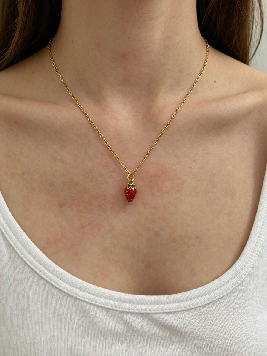 1件夏季清新可爱甜美不锈钢3D草莓项链，适合日常佩戴，可作礼物 - 金黃色 - 查看 1