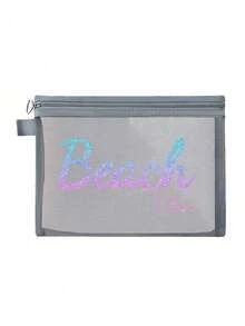 Bolsa de playa de malla impermeable y colorida con estampado impreso "Beach Vibe", temática de playa, bolsa de cosméticos transparente de gran capacidad, bolsa de almacenamiento para viajes de playa de verano, estuche de maquillaje con cremallera de nailon, ligera, puede almacenar protector solar, aperitivos, bikini y artículos esenciales de playa. Almacenamiento de primavera/verano, decoración de dormitorio, vuelta a la escuela - Multicolor - Ver 14