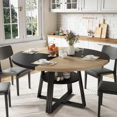 Mesa redonda de 47,2 pulgadas para 4 a 6 personas, estilo granja con espacio de almacenamiento. Diseño en tonos naturales y negro, ideal para cocina, comedor, sala de estar, salas de reuniones y apartamentos