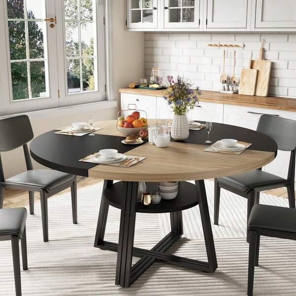 Mesa redonda de 47,2 pulgadas para 4 a 6 personas, estilo granja con espacio de almacenamiento. Diseño en tonos naturales y negro, ideal para cocina, comedor, sala de estar, salas de reuniones y apartamentos