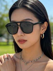 一副新款波西米亚风女士大框豹纹玳瑁双梁时尚眼镜，适合日常佩戴、夏季海滩度假、户外活动和旅行。 - 黑色 - 查看 5