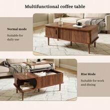 Modern Retro Coffee Table, Adjustable Tabletop Height, Sliding Door, Walnut Grain, Vertical Groove, Wooden Legs, Multifunctional Living Room Table - Brown - View 8