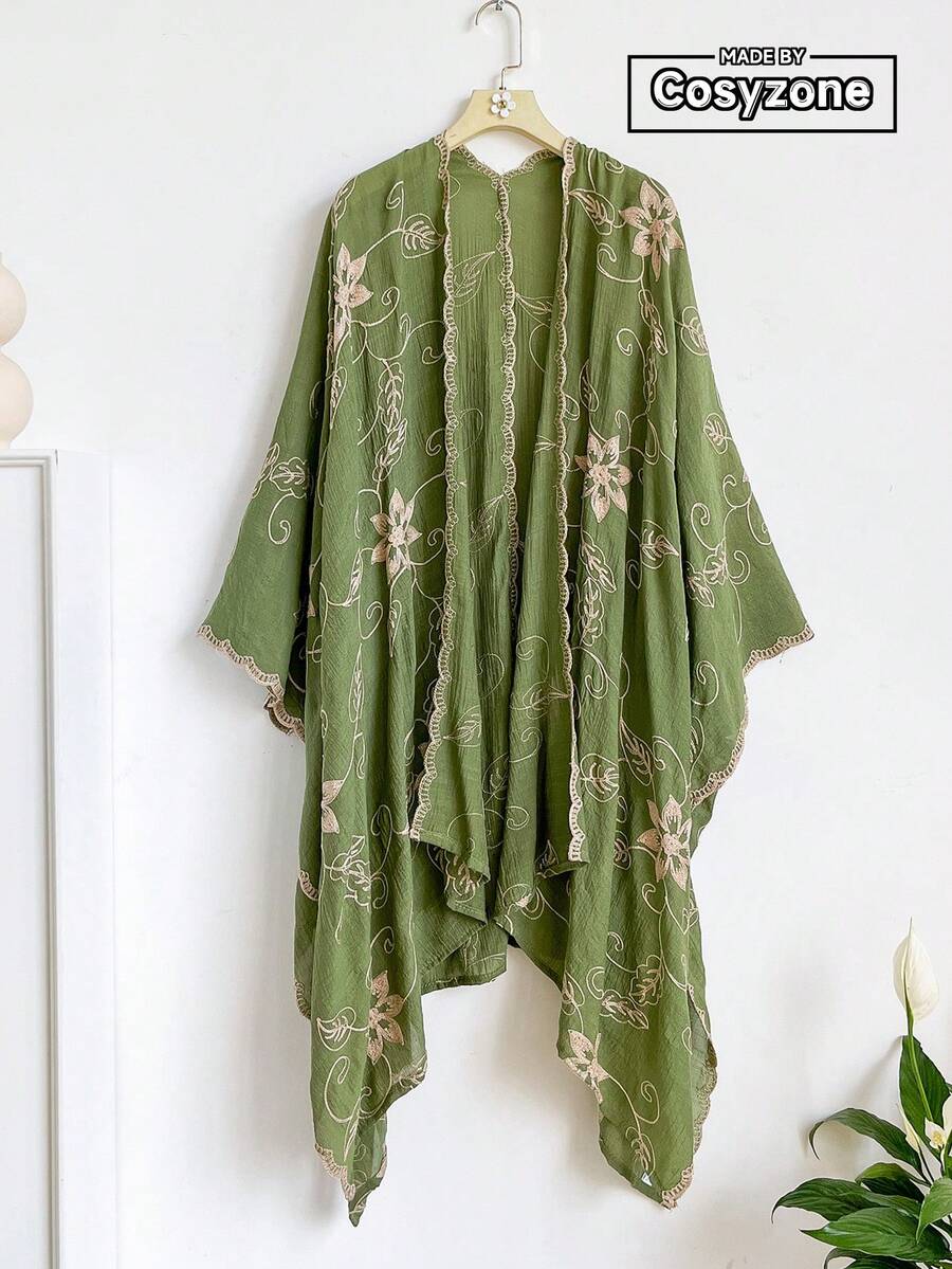 一件优雅花卉刺绣波西米亚风和服/纱笼,女士春夏沙滩罩衫,轻盈披肩,百搭时尚配饰,奢华礼品,假日旅行必备 - 綠色 - 查看 1