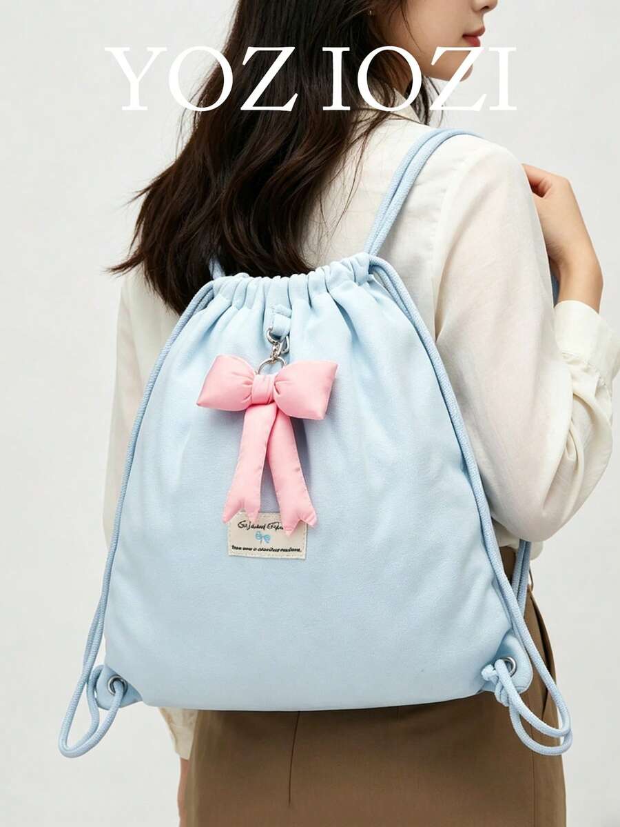 Back To School Drawstring Student Backpack, Fashion Versatile College Girl Casual Daypack, Cute Small Rucksack - Baby Blue - View 1