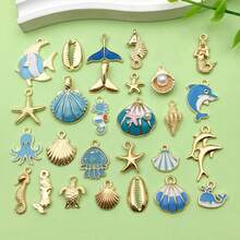 28pcs Mixed Enamel Ocean Life Pendants, Including Gold Seashell, Starfish, Etc., Gold Plated, Suitable For Beach Jewelry Making, DIY Crafts, Keychains, Decorations - Blue - View 1
