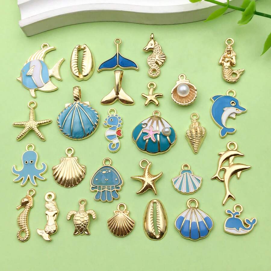 28pcs Mixed Enamel Ocean Life Pendants, Including Gold Seashell, Starfish, Etc., Gold Plated, Suitable For Beach Jewelry Making, DIY Crafts, Keychains, Decorations - Blue - View 1