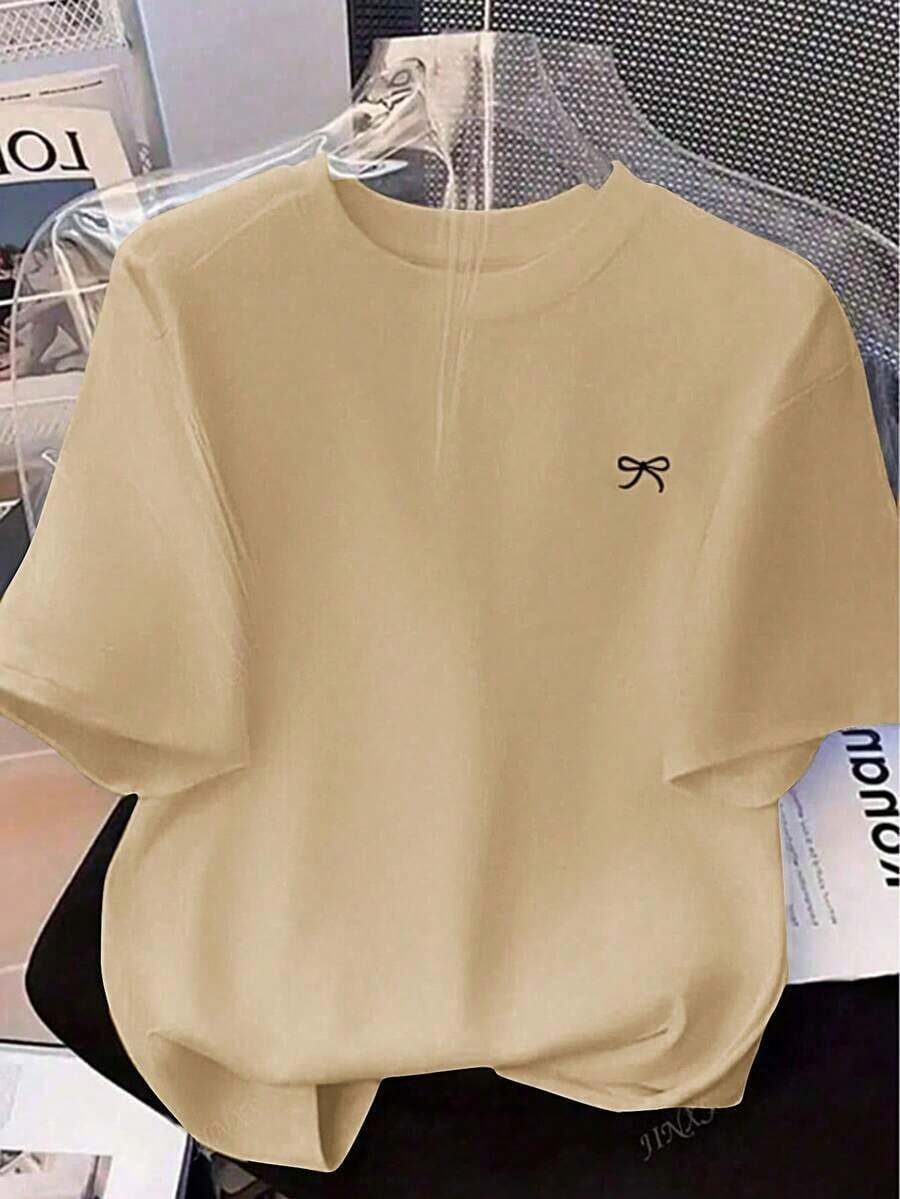 Camiseta holgada de manga corta con estampado de lazo y hombros anchos, de estilo casual para el verano - Albaricoque - Ver 1