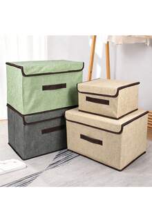 1pc Dustproof Linen Fabric Storage Box With Handle, Foldable And Stackable, Suitable For Storing Toys, Books, Cosmetics, Perfect For Wardrobe, Bedroom, Living Room, Kids Room, Dorm, Office, Apartment - Khaki - View 2