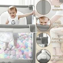 Parque infantil, centro de actividades para niños, barrera plegable y portátil apta para uso en interiores, con base antideslizante. Incluye 50 pelotas + 1 canasta + 2 aros. Construcción resistente con material impermeable. Viene con bolsa de almacenamiento. Dimensiones: 180 x 150 cm. Color: gris. - Gris - Ver 9