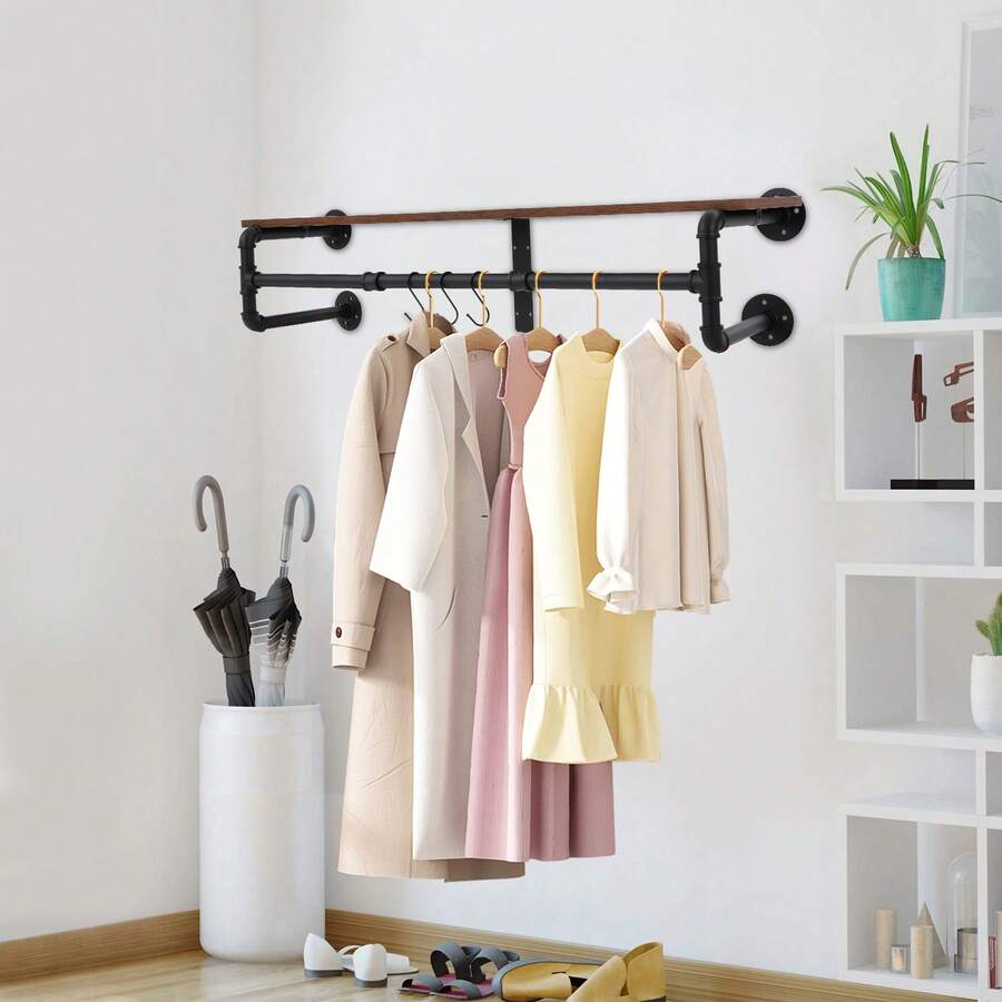 SHIOUCY Black Industrial Wall Mounted Coat Rack, Pipe Style Storage Shelf With Hooks For Entryway Bedroom Kitchen Organizer - View 1