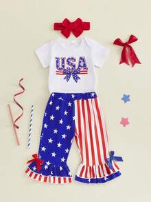 Baby Girl Independence Day Outfits Letter Short Sleeve Romper With Star Stripe Flare Pants And Bow Headband 3 Pcs Set - 白色 - 查看 8