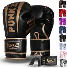 Guantes de Boxeo 8-18oz,Guantes de Entrenamiento para Hombres y Mujeres, Protector Bucal Incluido, Absorción de Impactos, - Negro Oro - Ver 3