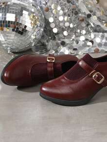 2026 New Spring/Autumn High Heel Thick Heel Professional Soft Leather Comfortable Versatile Mother Shoes - Burgundy - View 4