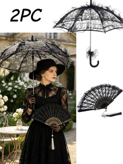 Bộ 2 món: ô ren đen và quạt tay ren, phụ kiện ren phong cách Gothic Victoria cổ điển, thích hợp cho đám cưới, cosplay, chụp ảnh, trang trí tiệc.