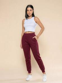 Set Of 2 Women's Fleece-Lined Sweatpants With Warm, Flannel Cuffs And Pockets, Stylish For Winter, Everyday Wear, Work, Casual Wear, Perfect For The World Cup In Brazil, Mother's Day, Or As A Gift. - 酒紅色和黑色 - 查看 3
