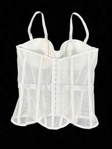Camiseta sin espalda de malla de unicolor marrón con estilo de corsé para mujer, lencería casual de otoño/invierno negra de verano - Blanco - Ver 7
