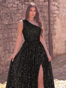 Faeriesty Elegante vestido de noche largo sin mangas para mujer, con bajo con abertura y lentejuelas brillantes para una elegancia lujosa, adecuado para alfombra roja, gala benéfica, boda, fiesta de lujo y otras ocasiones formales como recepción de boda, baile de máscaras, fiesta del jardín secreto, cena formal, evento de etiqueta negra, ceremonia de graduación y fiesta de cumpleaños, vestido formal de primavera/verano - Negro - Ver 4