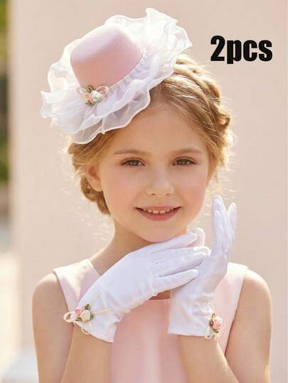 2pcs/Set Girls Lace Flower Pink Hat + Satin Gloves, Children Floral Hat & Gloves Set, Wedding Photography Props, Wedding Decoration, Party Photobooth Props, Wedding Accessories