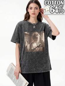 Women's Regular Cotton Snow-Wash Crew Neck Short-Sleeve T-Shirt, Stylish And Minimalist With Abstract Cartoon Character Print, Suitable For Ladies' Commuting Wear In Spring, Summer And Autumn. Casual - Black - View 4