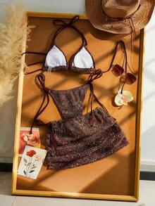 2pcs Women's Summer Beach Bikini Set, Crochet Halter Tie Back Bikini, Bohemian Sequin Crochet Cover Up Dress, Women Beach Vacation Bikini 3-Piece Set, Suitable For Beach, Leisure, Vacation And Pool Party - Nâu 2 - Xem 7