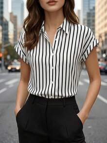 Summer Fashion Striped Single-Breasted Drop Shoulder Short Sleeve Shirt, Polyester Contrast Color Front Button Closure, Short Front Long Back Design - White Background With Black Stripes - View 2