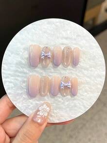 10件精緻手工壓花美甲貼片，3D蝴蝶結雕花紫色漸層可愛美甲套組，適合女性與女孩日常、派對與聚會佩戴，附贈果凍膠與磨條，女孩美甲藝術指甲禮品 - 紫丁香色 - 查看 11