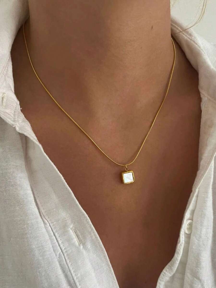 1pc Elegant Stainless Steel Gold Square & Round Pendant Necklace, Suitable For Beach Vacation And Daily Wear - Necklace - View 1