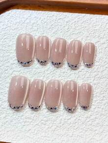 Get The Ultimate Luxury Salon Manicure Experience At Home! 10Pcs Handmade Press On Nails Set, Short Length Short Oval Fake Nails, Elegant Minimalist French Style False Nails With Silver Rhinestone & Glitter Pattern, Classic French Tip Design - Multicolor - View 1