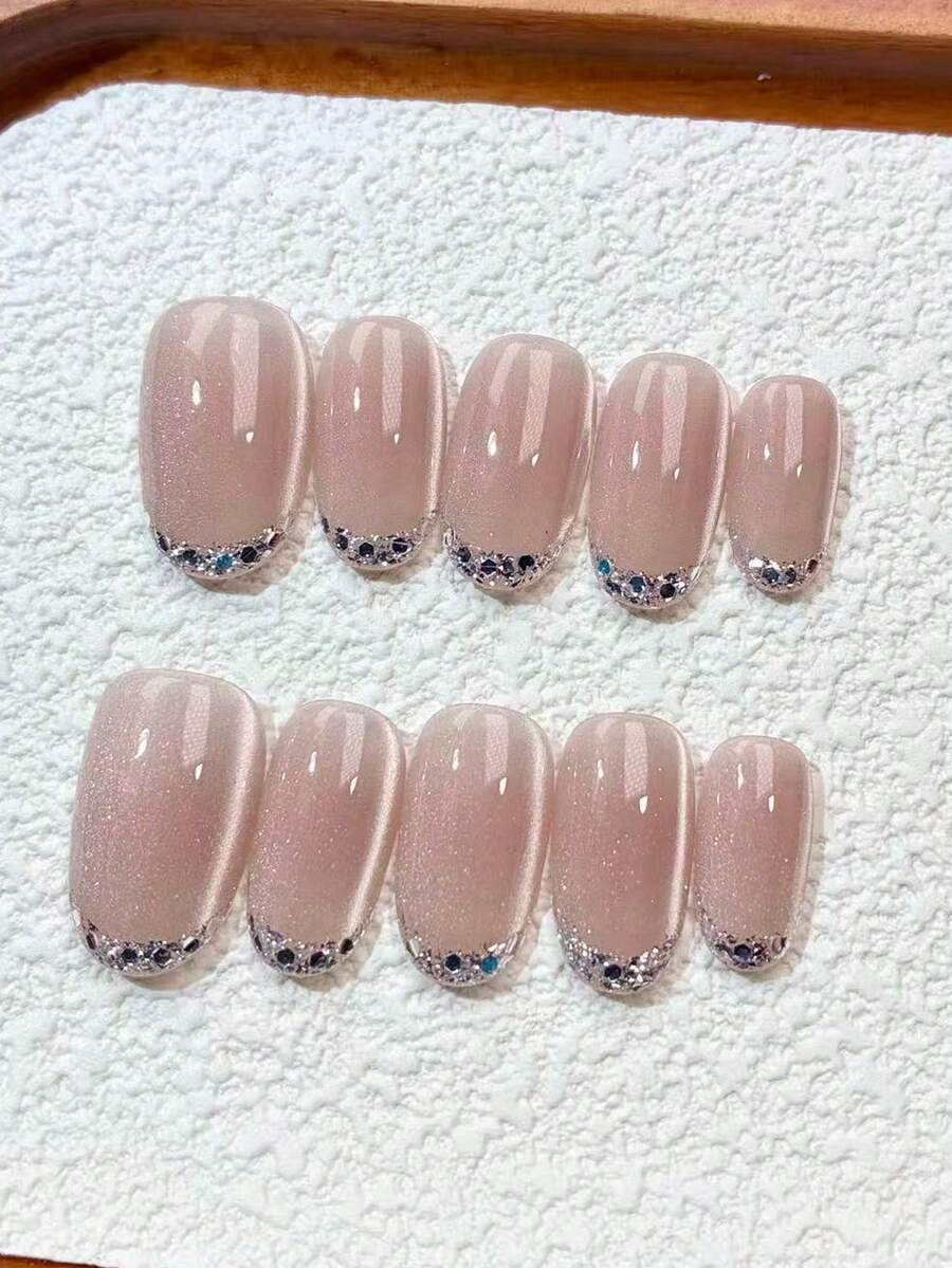 Get The Ultimate Luxury Salon Manicure Experience At Home! 10Pcs Handmade Press On Nails Set, Short Length Short Oval Fake Nails, Elegant Minimalist French Style False Nails With Silver Rhinestone & Glitter Pattern, Classic French Tip Design - Multicolor - View 1