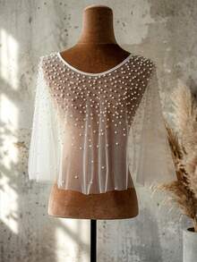 1pc Shiny Faux Pearl Chiffon Shawl, Short Bridal Wedding Accessory, Suitable For Party, Travel & Holiday Outerwear - 彩色 - 查看 5