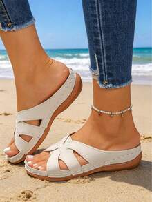 New Summer Women's Plus Sizes 36-43, Simple And Elegant Soft Sole, Hand-Stitched Open Toe, Low Wedge Heel Sandals, Suitable For Summer, Holidays, Celebrations, Everyday Work, Shopping, And More. White PU Leather Versatile Sandals, Suitable For Both Outdoor And Beach Wear. - 變色仿超白PU - 查看 1