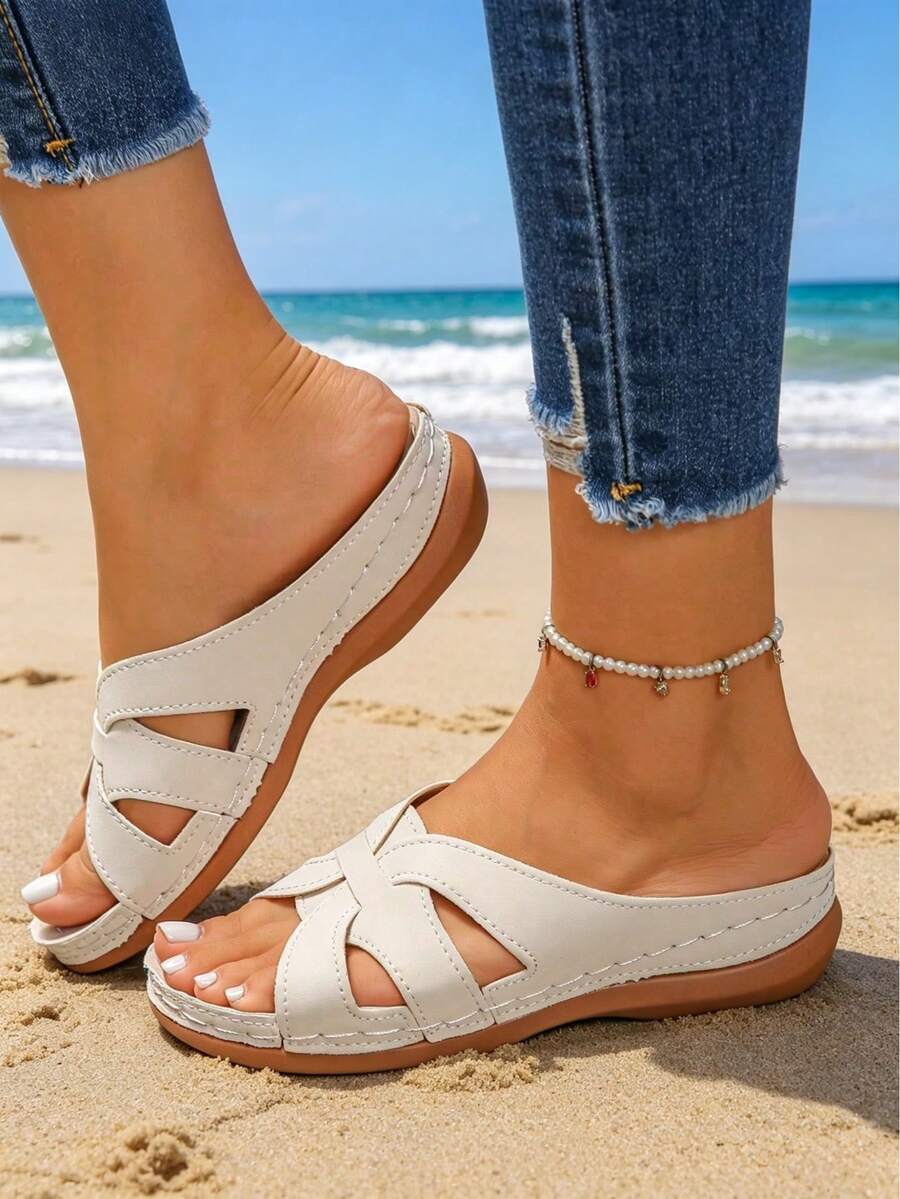 New Summer Women's Plus Sizes 36-43, Simple And Elegant Soft Sole, Hand-Stitched Open Toe, Low Wedge Heel Sandals, Suitable For Summer, Holidays, Celebrations, Everyday Work, Shopping, And More. White PU Leather Versatile Sandals, Suitable For Both Outdoor And Beach Wear. - 變色仿超白PU - 查看 1