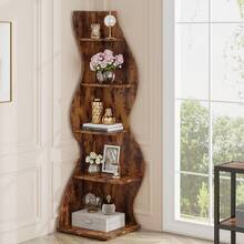 Tribesigns Corner Shelf, Rustic 5-Tier Wall Corner Bookshelf, Stylish Corner Small Bookcase Storage Rack Plant Stand With Unique Shape For Living Room, Home Office, Brown - Brown - View 8
