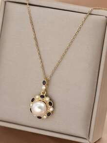 1pc Gold-Plated Stainless Steel Round Pendant Necklace, Fashionable Minimalist Vintage Style, Versatile For Women To Wear Casually, At Work, Festivals And Parties (OPP Bag Packaging) - Gold - View 2